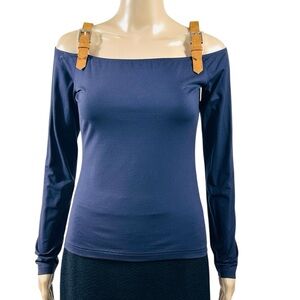 Escada Navy Long Sleeve Top with leather Tan Straps and silver logo buckle sz s